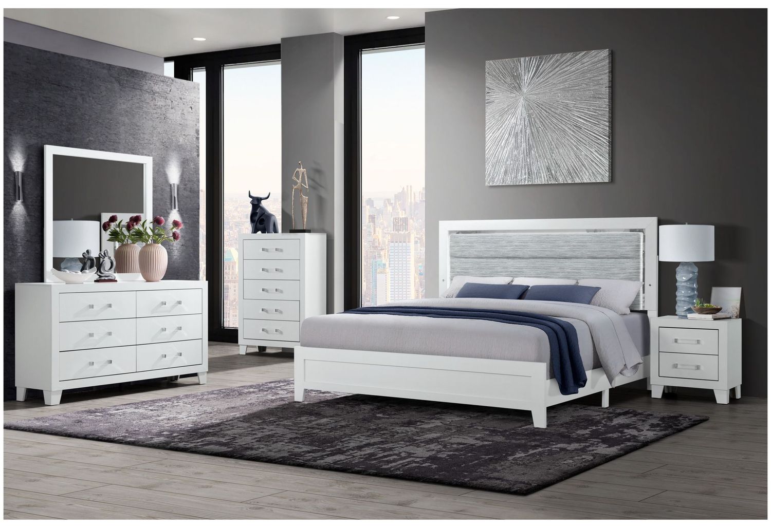 Luccia - 5 Piece Bedroom Set With LED - White, Size: Queen