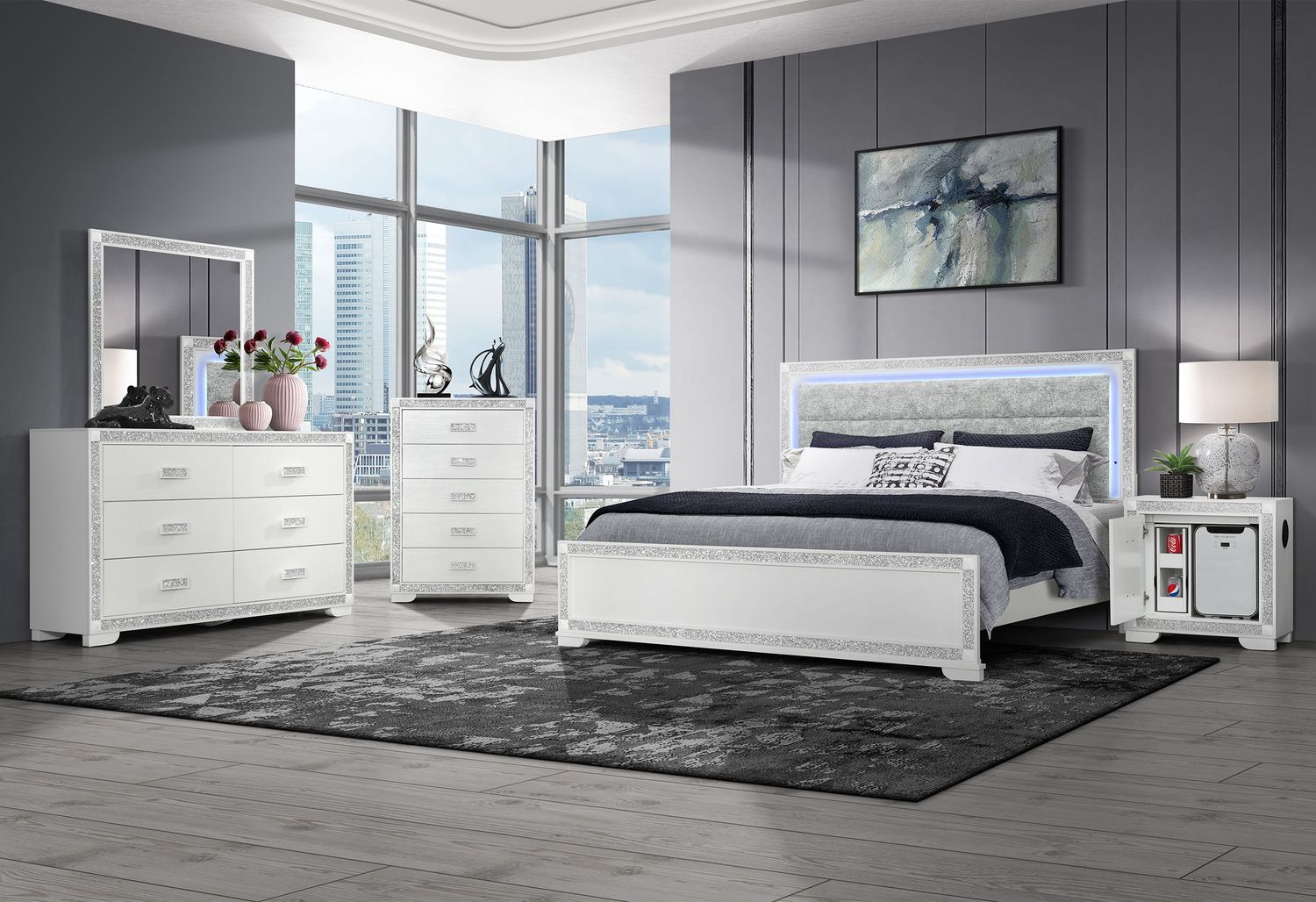 Soleil - 5 Piece Bedroom Set With Cooler And Speaker, Color: White, Size: Queen