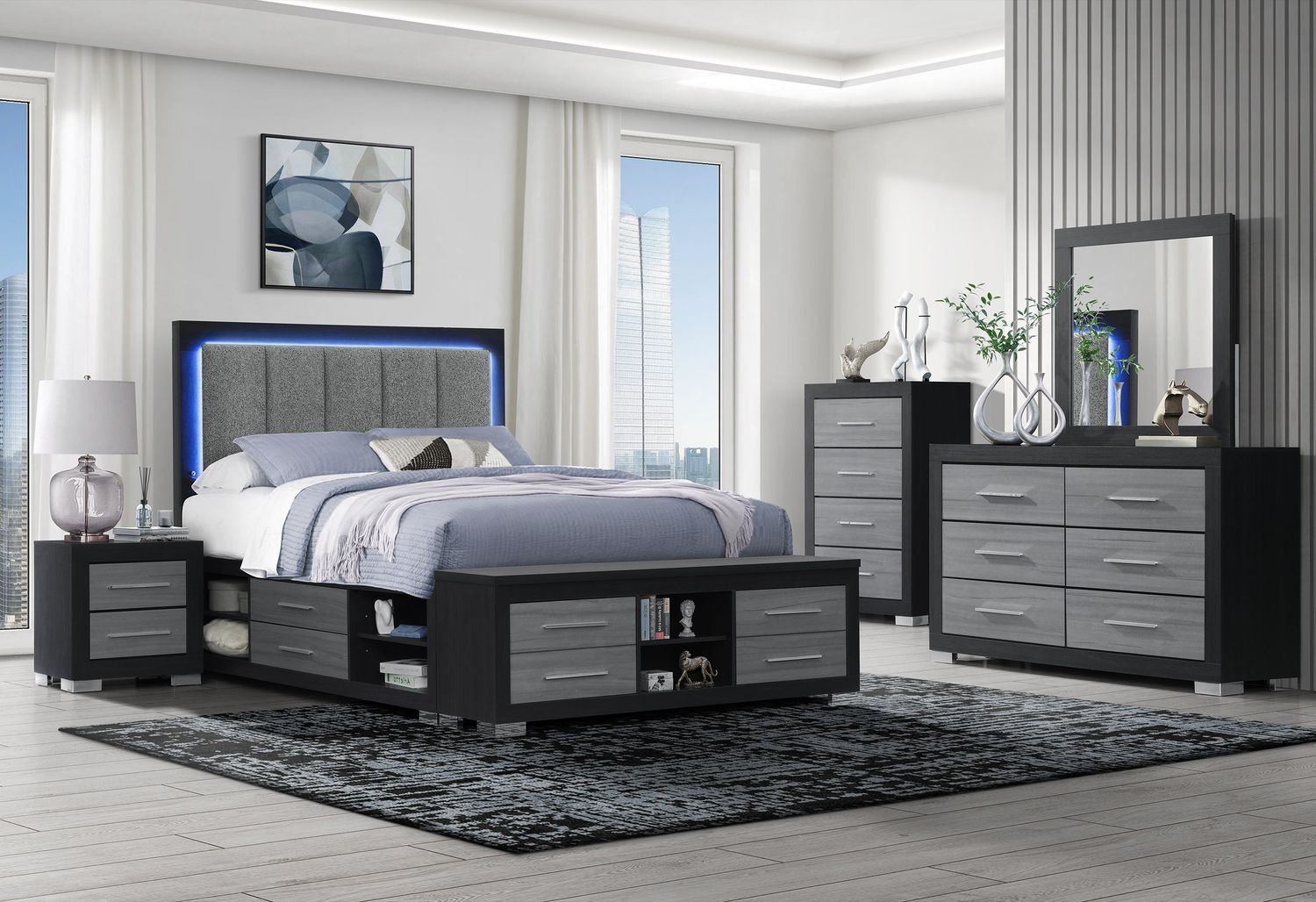 Emma - 5 Piece Bedroom Set, Color: Black / Gray, Size: Queen