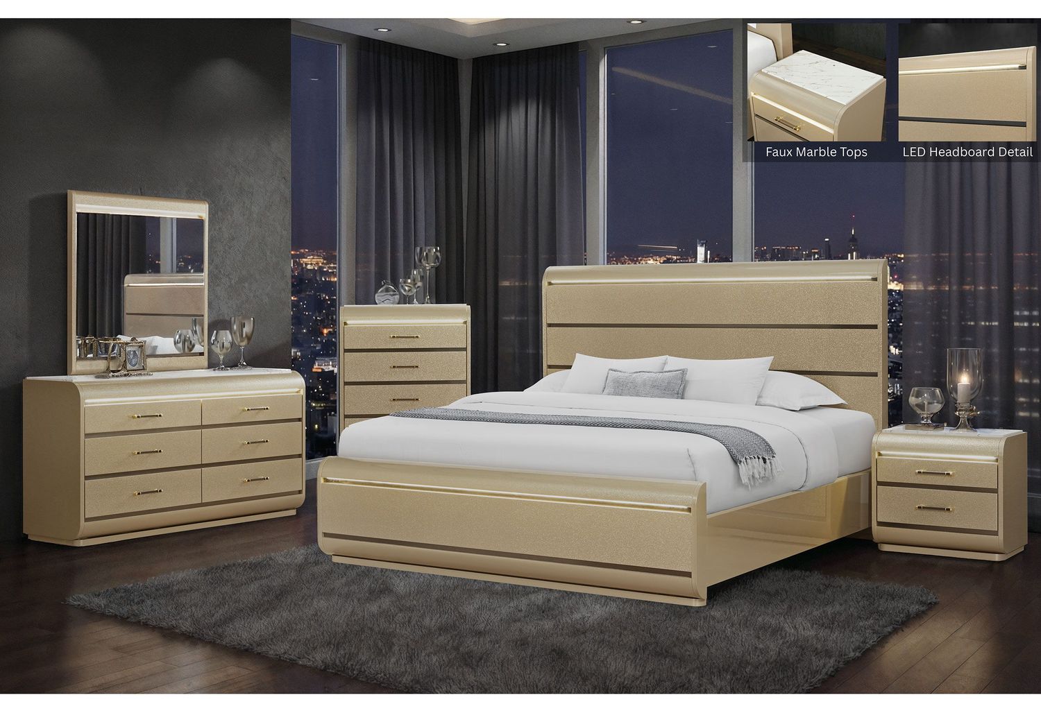 Genesis - 5 Piece Bedroom Set (Bed, Dresser &amp; Mirror, Nightstand, Chest) - Gold, Size: King