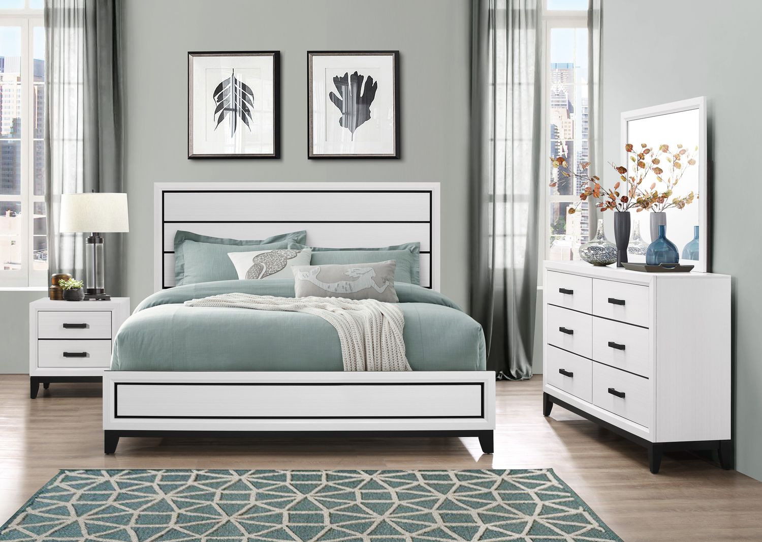 Kate - 4 Piece Queen Bedroom Set (Queen Bed, Dresser, Mirror, Nightstand), Color: White