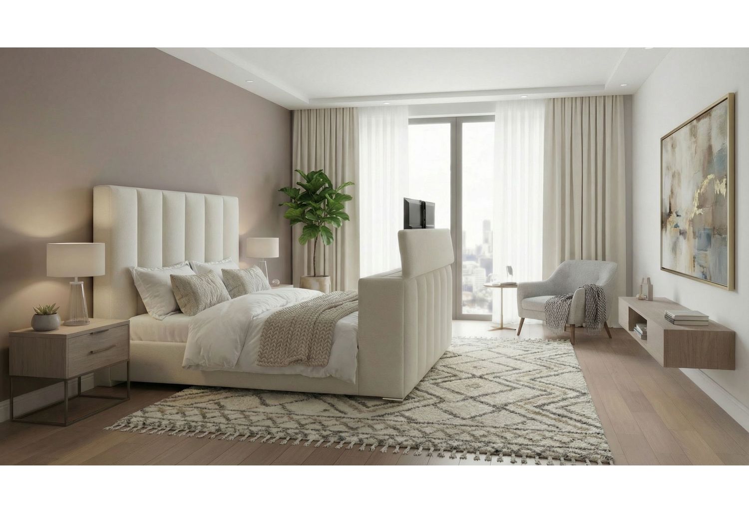 Serenity - Bed With Speaker, TV Lift, Fireplace - Cream, Size: Queen