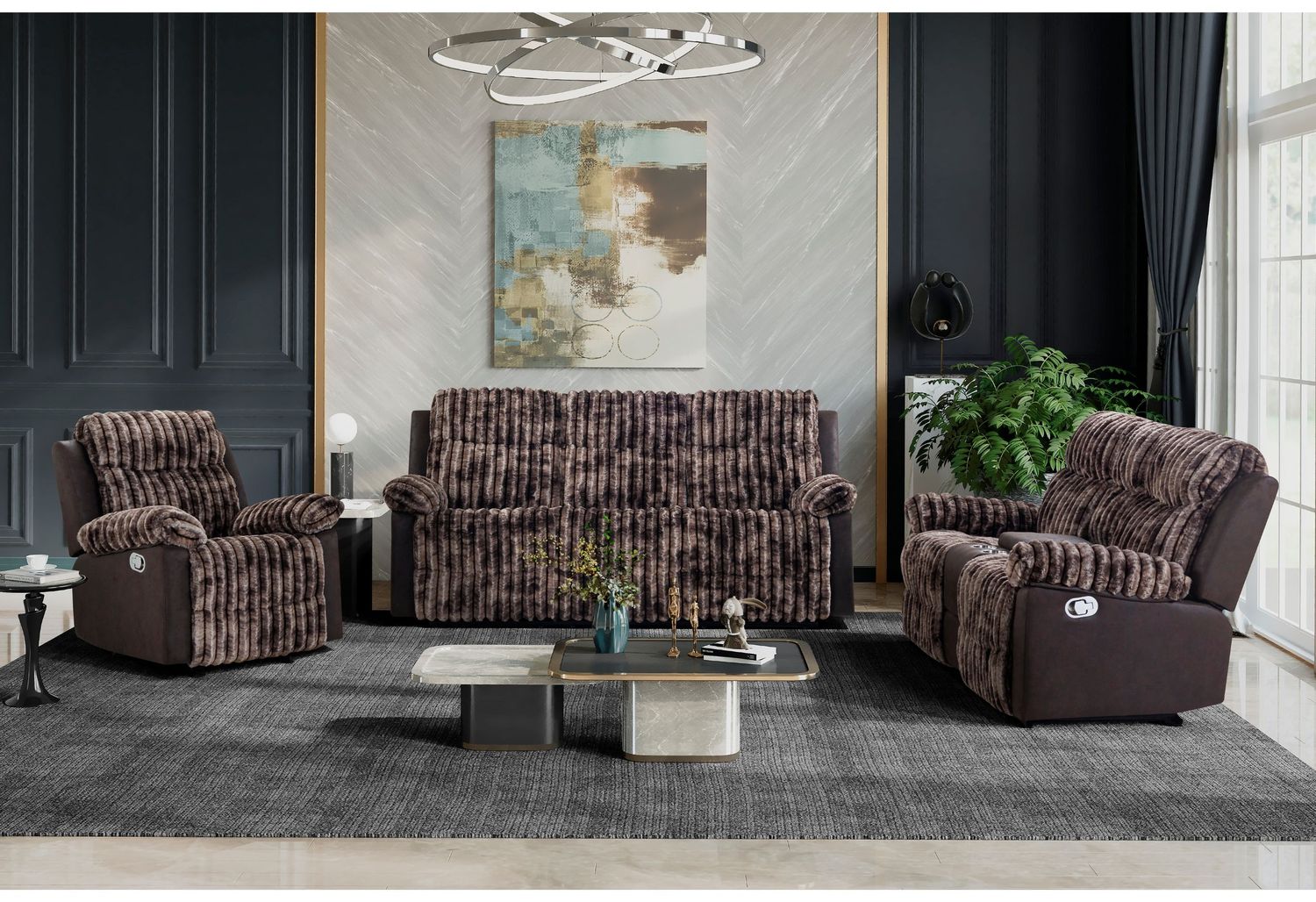 U6028 - 3 Piece Living Room Set (Reclining Sofa / Console Reclining Loveseat / Glider Recliner), Color: Brown