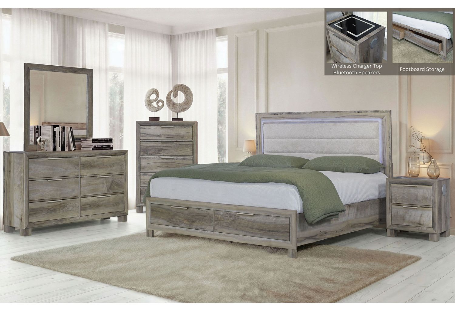 Callie - 5 Piece Bedroom Set (Bed, Dresser &amp; Mirror, Nightstand, Chest) - Brown, Size: Queen