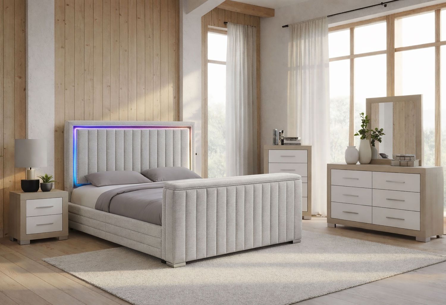Elias - 5 Piece Bedroom Set TV Footboard, Color: Light Gray / Natural / White, Size: King