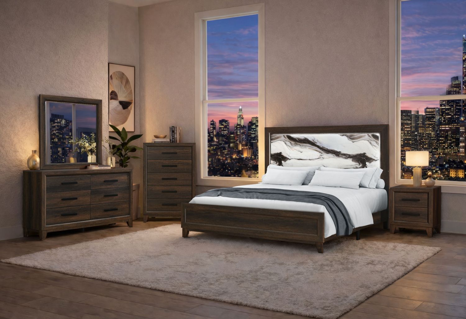 Harmony - 5 Piece Bedroom Set (Bed, Dresser &amp; Mirror, Nightstand, Chest) - Dark Brown, Size: Queen