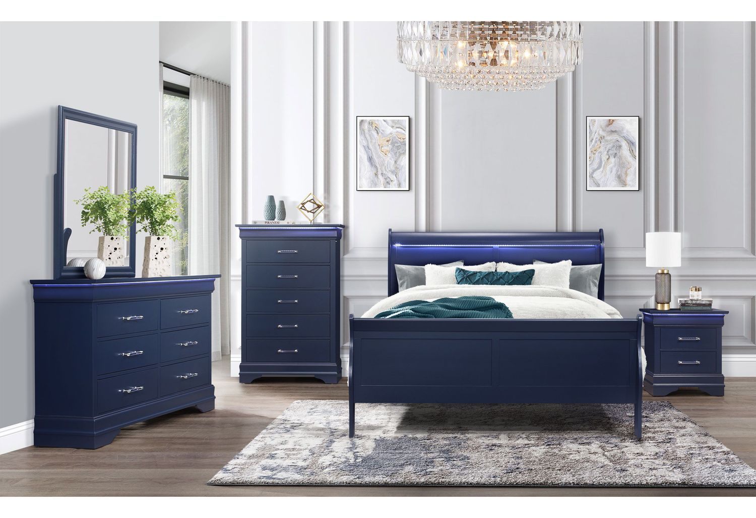 Charlie - 5 Piece Bedroom Set With LED, Color: Blue, Size: Full
