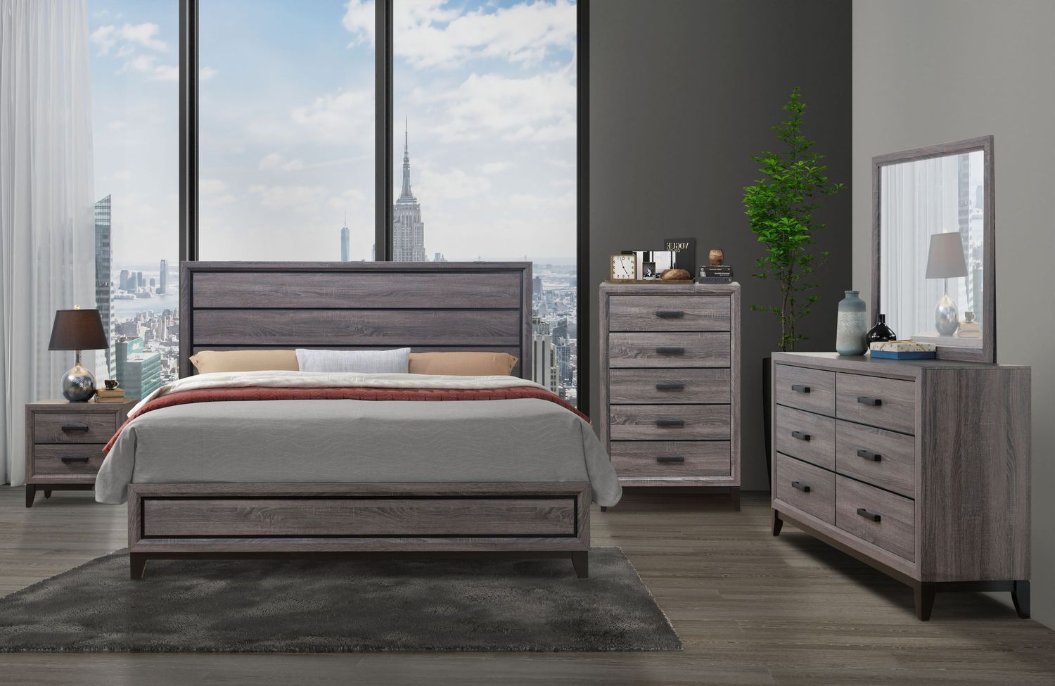 Kate - 5 Piece Bedroom Set, Color: Gray, Size: Full