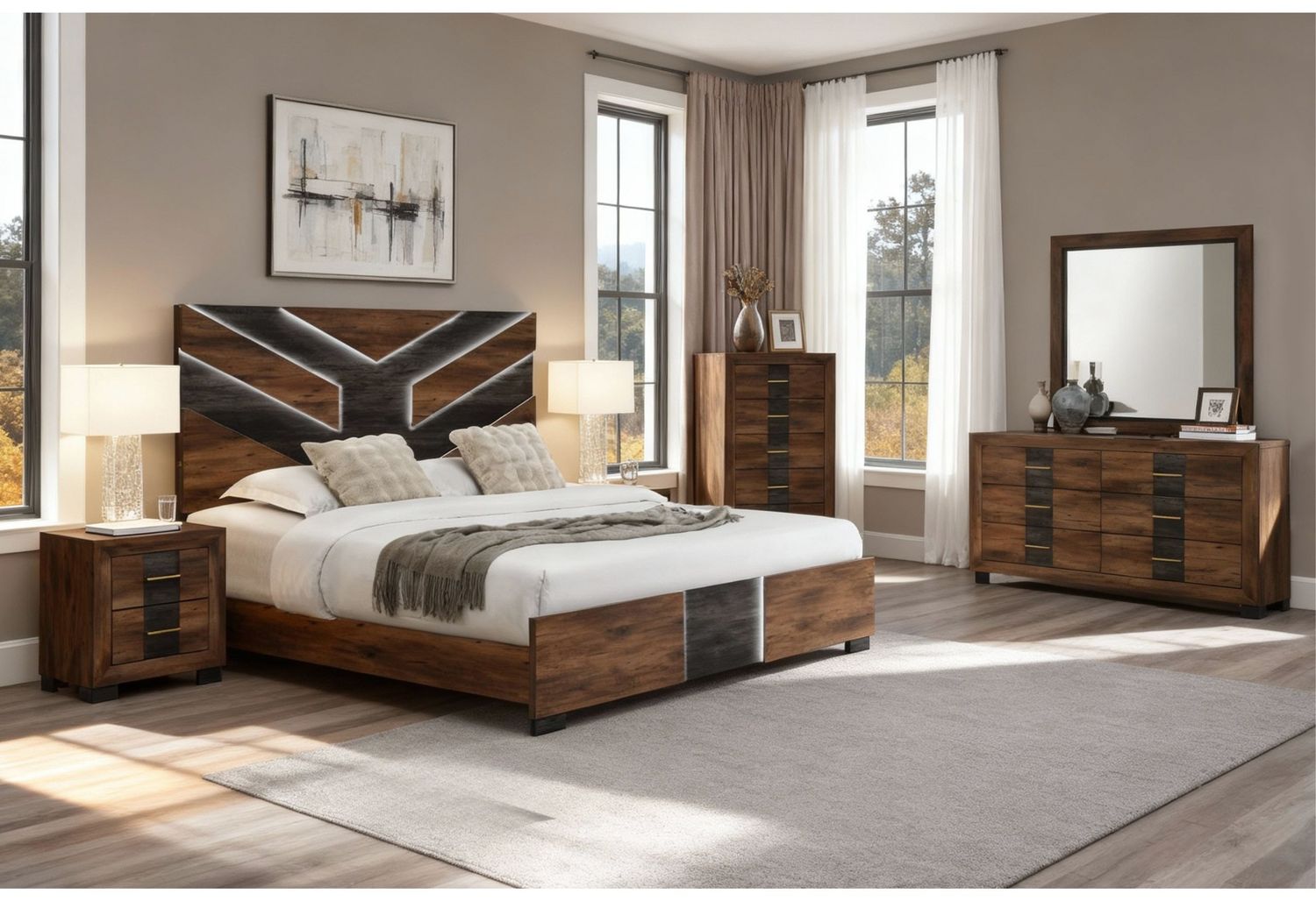 Optimus - 5 Piece Bedroom Set - Black / Brown, Size: Queen