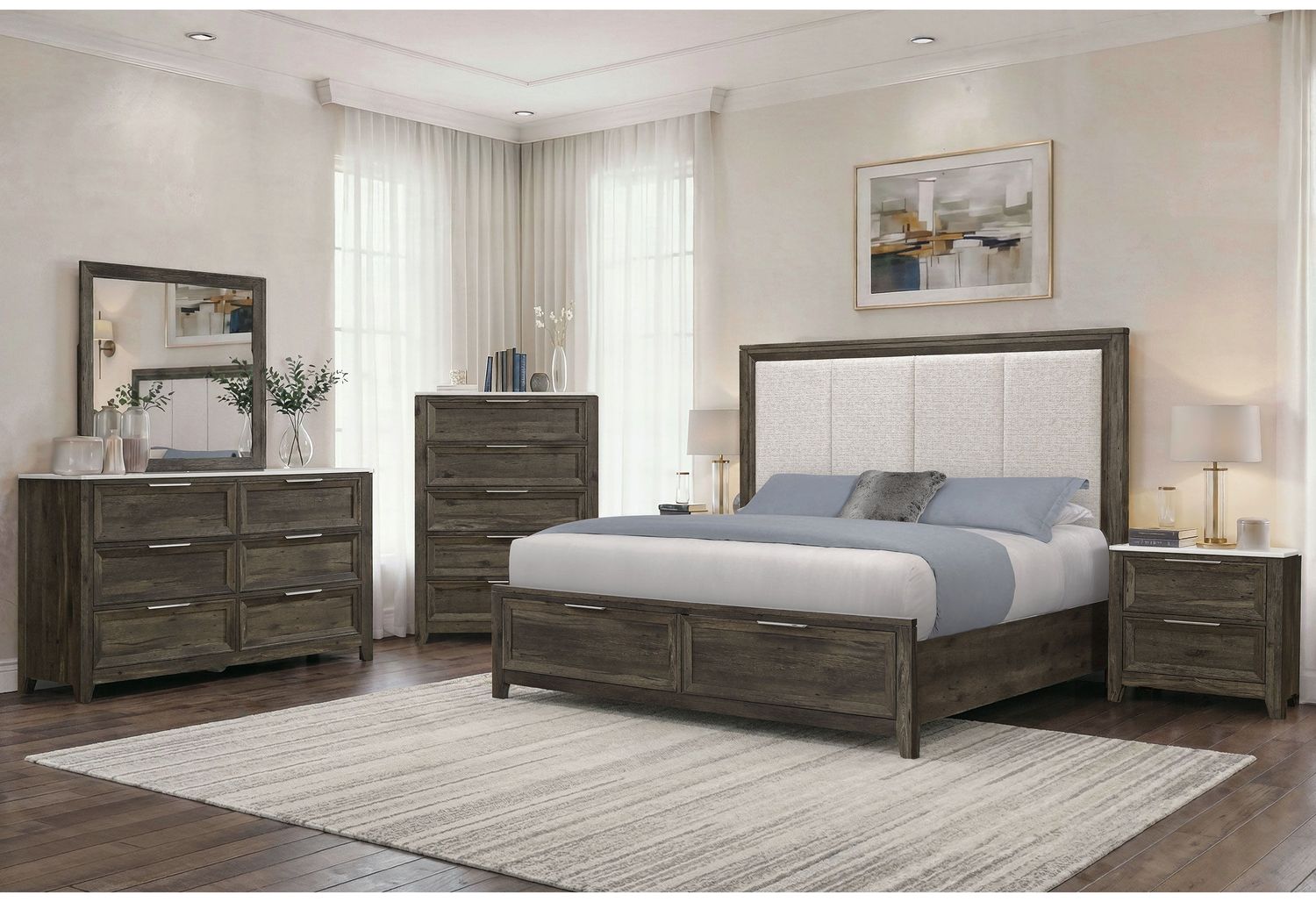 Mariah - 5 Piece Bedroom Set (Bed, Dresser &amp; Mirror, Nightstand, Chest), Color: Dark Brown, Size: King