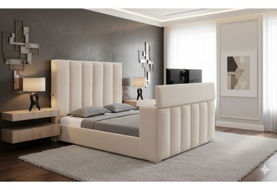 Serenity - Queen Bed With Speaker, TV Lift And Fireplace - Cream