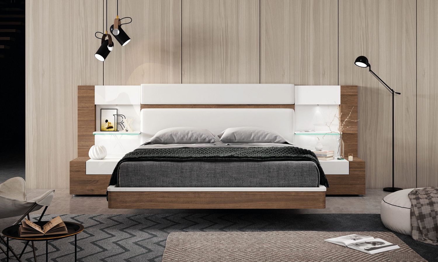 Mar - King Size Bed - White / Brown Walnut - Dark Brown / King