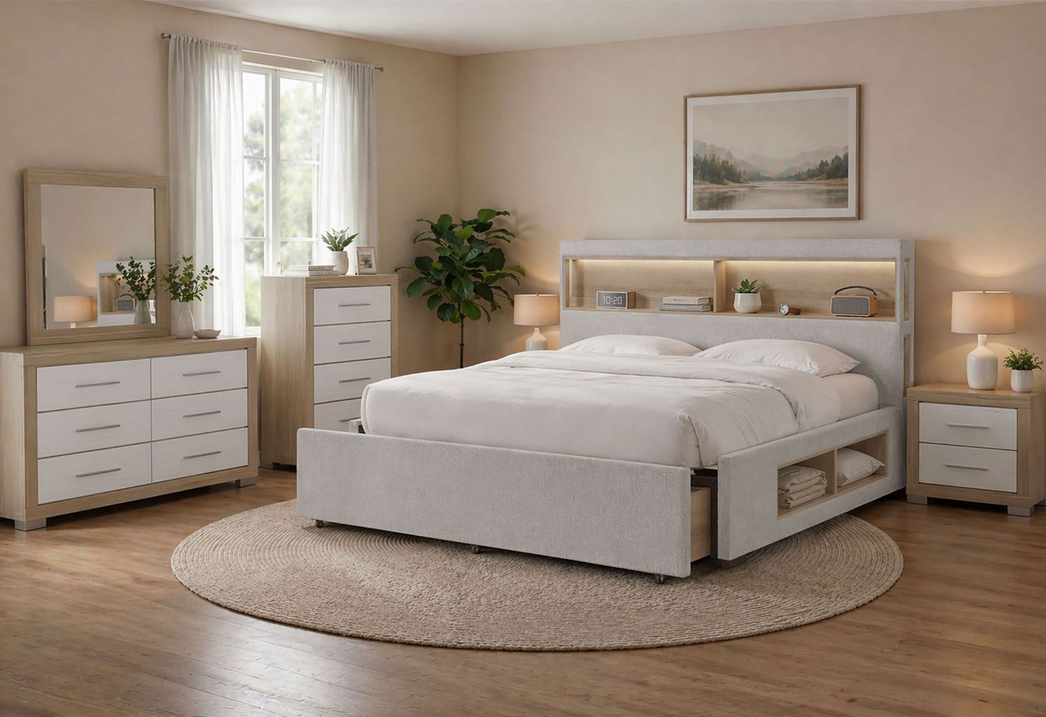 Sadie / Emma - 5 Piece Queen Bedroom Set (Bed, Dresser &amp; Mirror, Nightstand, Chest) - Beige
