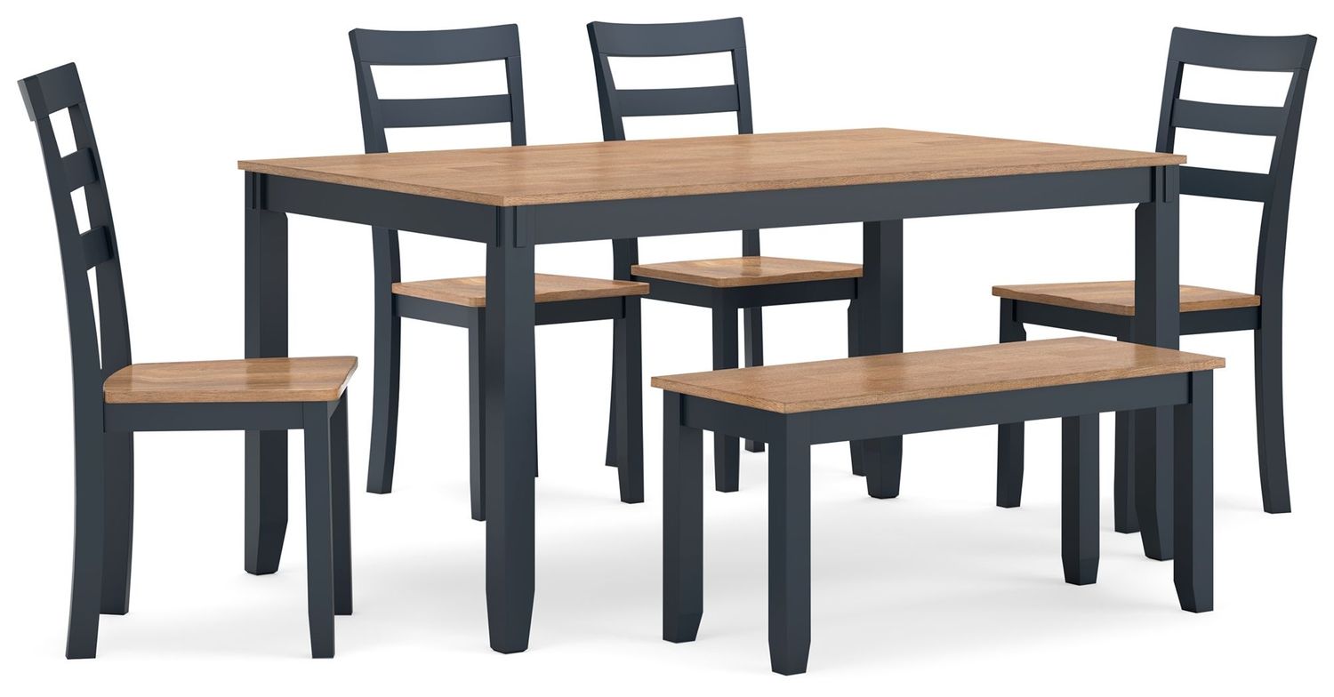 Gesthaven - Dining Room Table Set (Set of 6) - Natural / Blue - Blue / 6 Pc. Table, 4 Chairs, Bench