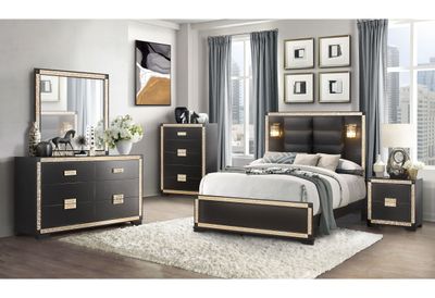 Blake - 5 Piece Bedroom Set (King Bed With Lamps, Dresser, Mirror, 2 Nightstands) - Black / Gold