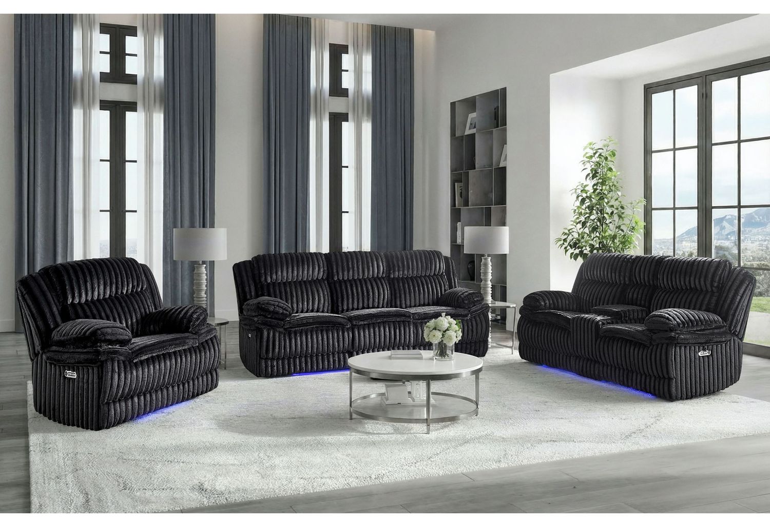 U8686 - Power Reclining Sofa With LED &amp; Power Console Reclining Loveseat With LED - Black