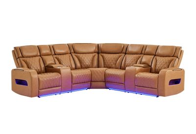 U8611 - Sectional With Power Headrest, Continuous LED And Speaker - Brown