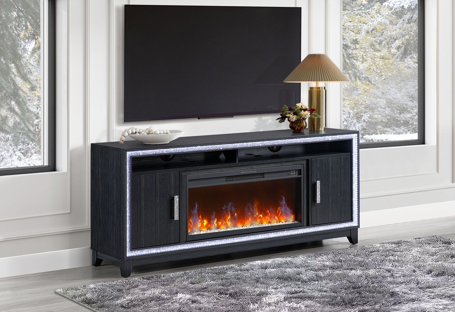 Lily - 72" Entertainment Unit With LED, Speakers, Crystal Inserts - Dark Gray