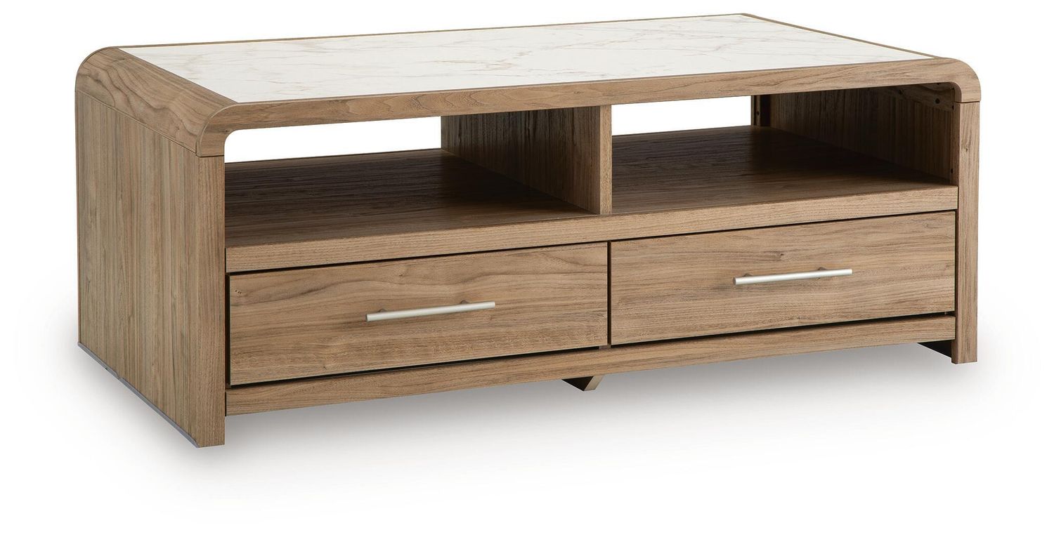 Dovander - Rectangular Cocktail Table - White / Natural - Light Brown