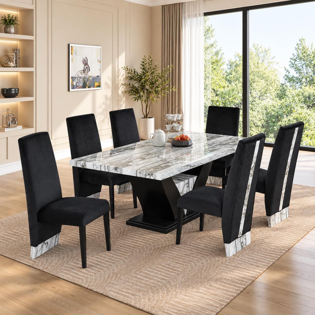 Alexa 7PC Set Dining with Faux Marble Table