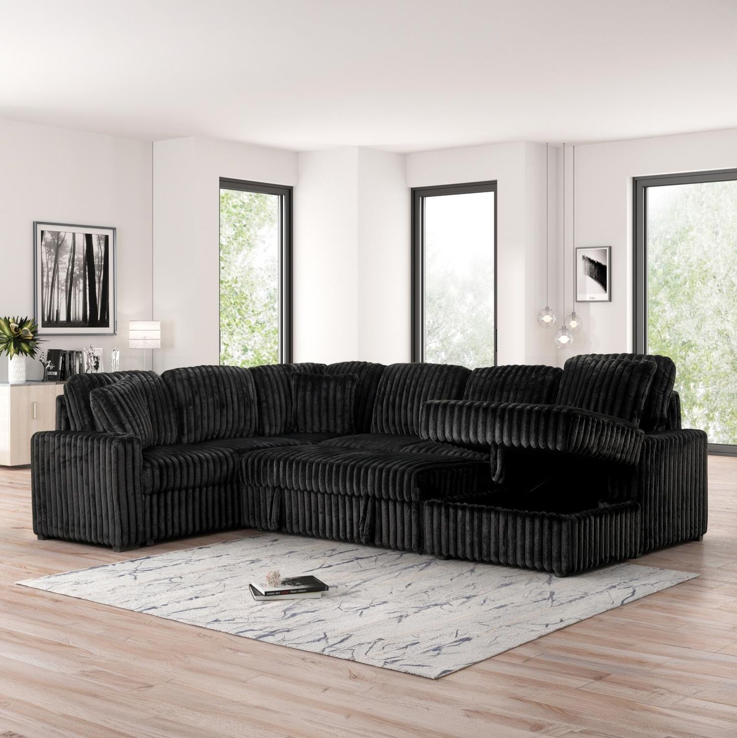 prism - 3pc black sectional with pull-out sleeper
