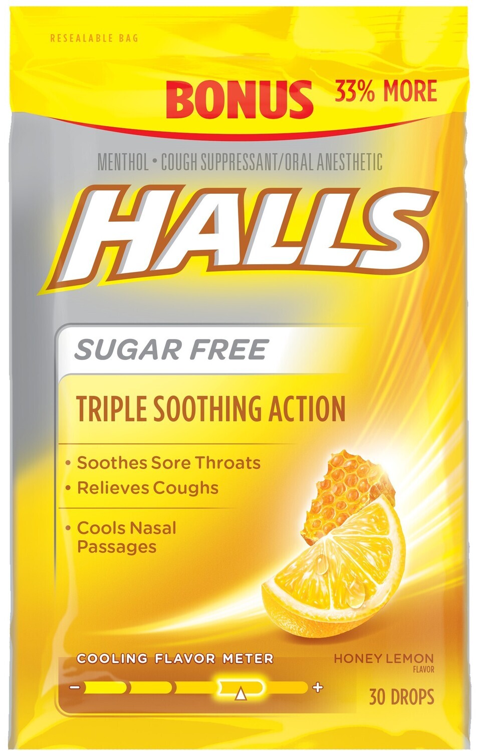 Halls Relief Sugar Free Honey Lemon Cough Drops 30ct
