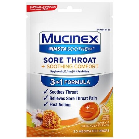 Mucinex Instasoothe Sore Throat and + Soothing Comfort Drops 2.4 Mg 20ct