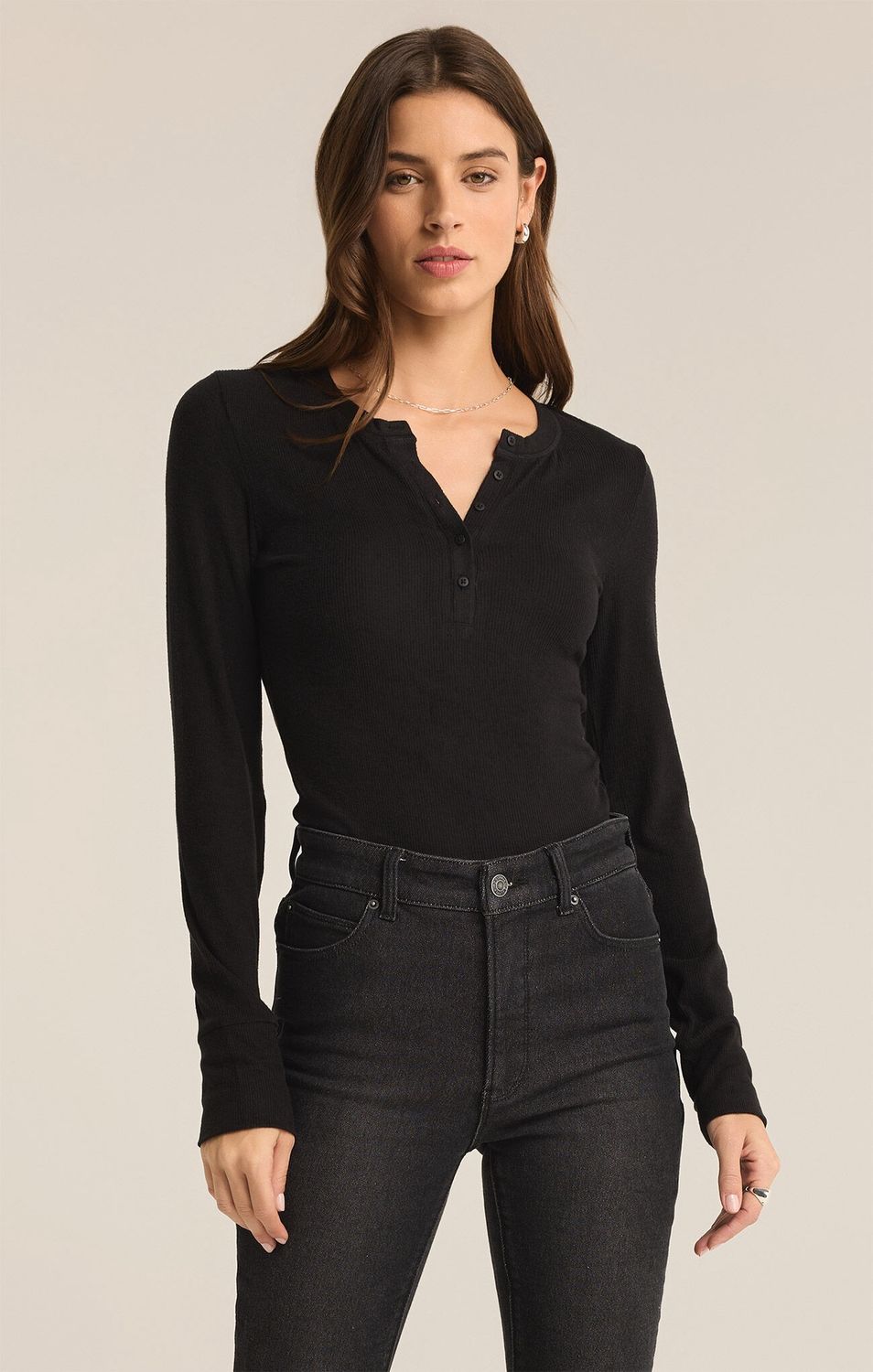 Scarlett Rib Henley, Color: Black, Size: S