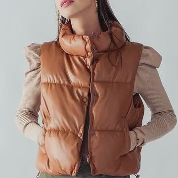 Cropped Puffer Vest, Color: Dark Camel, Size: S