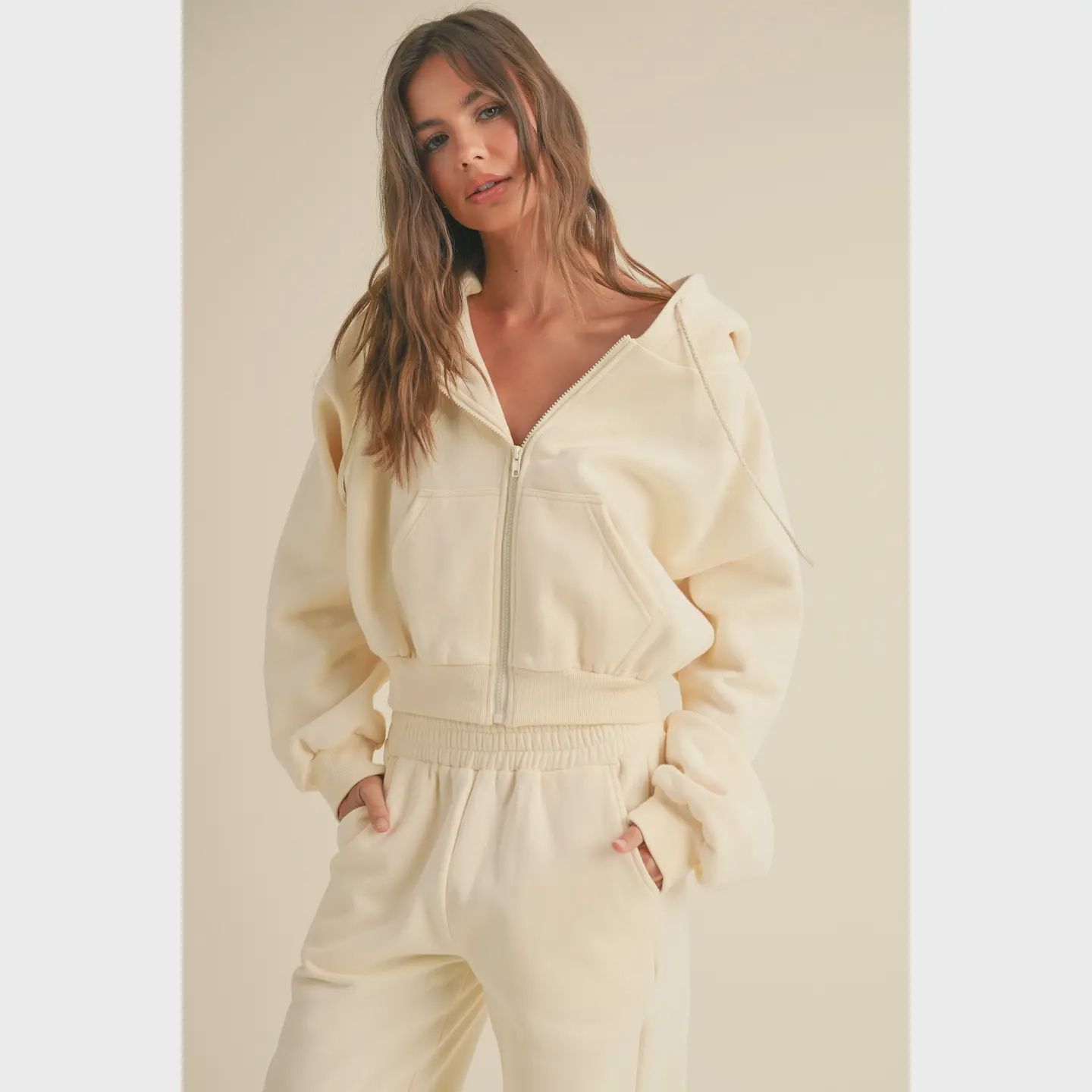 Cozy Fleece Crop Full Zip, Color: Cream, Size: S