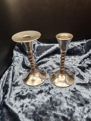 Vintage Pair Falstaff Silver Plated Metal Candle Sticks With Twisted Design Made In Spain (2) and 1 wax catcher | #401