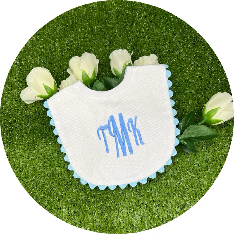 White Baby Bib w Blue Trim