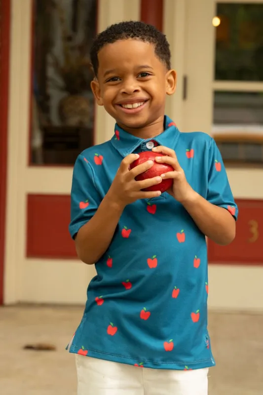 Red Apples on Navy Polo