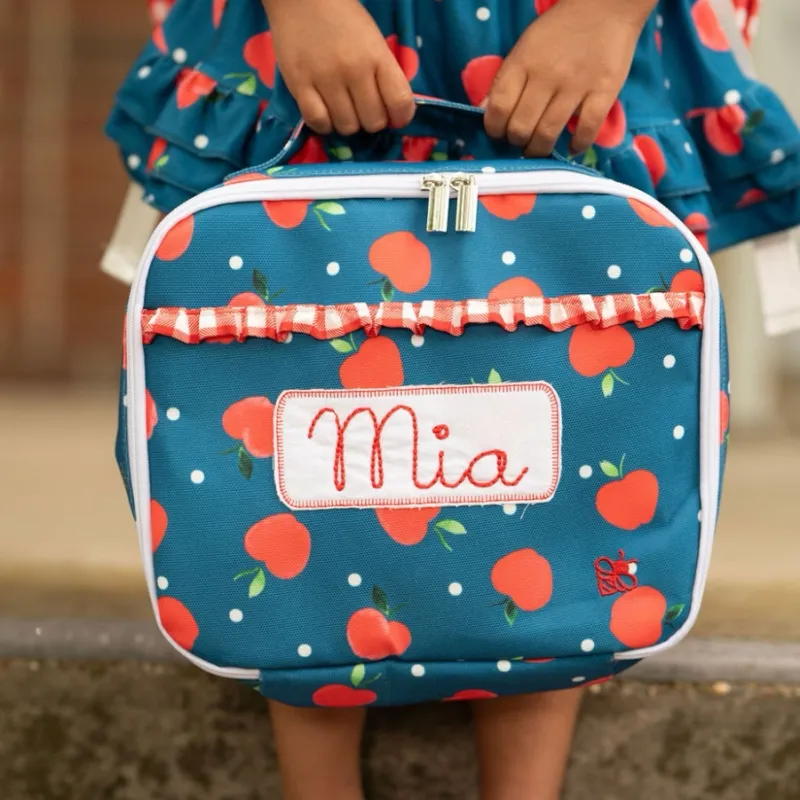 Apples on Navy Ruffle Lunch Bag