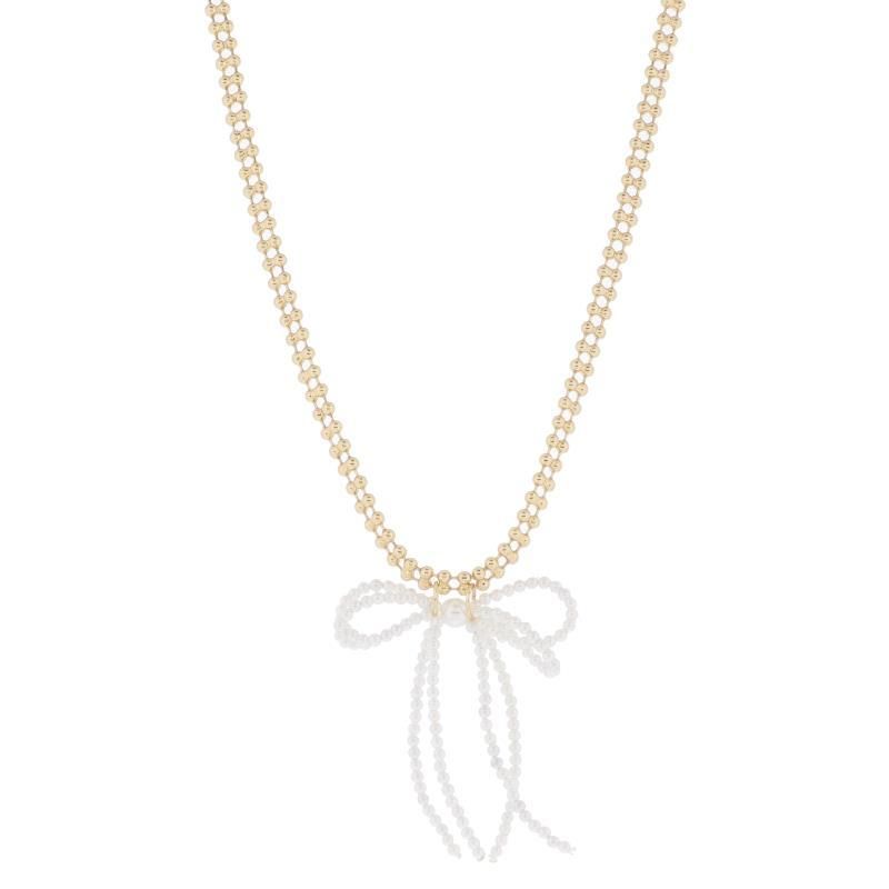 15&quot; Double Gold Ball Chain w Bow &amp; Pearl Necklace