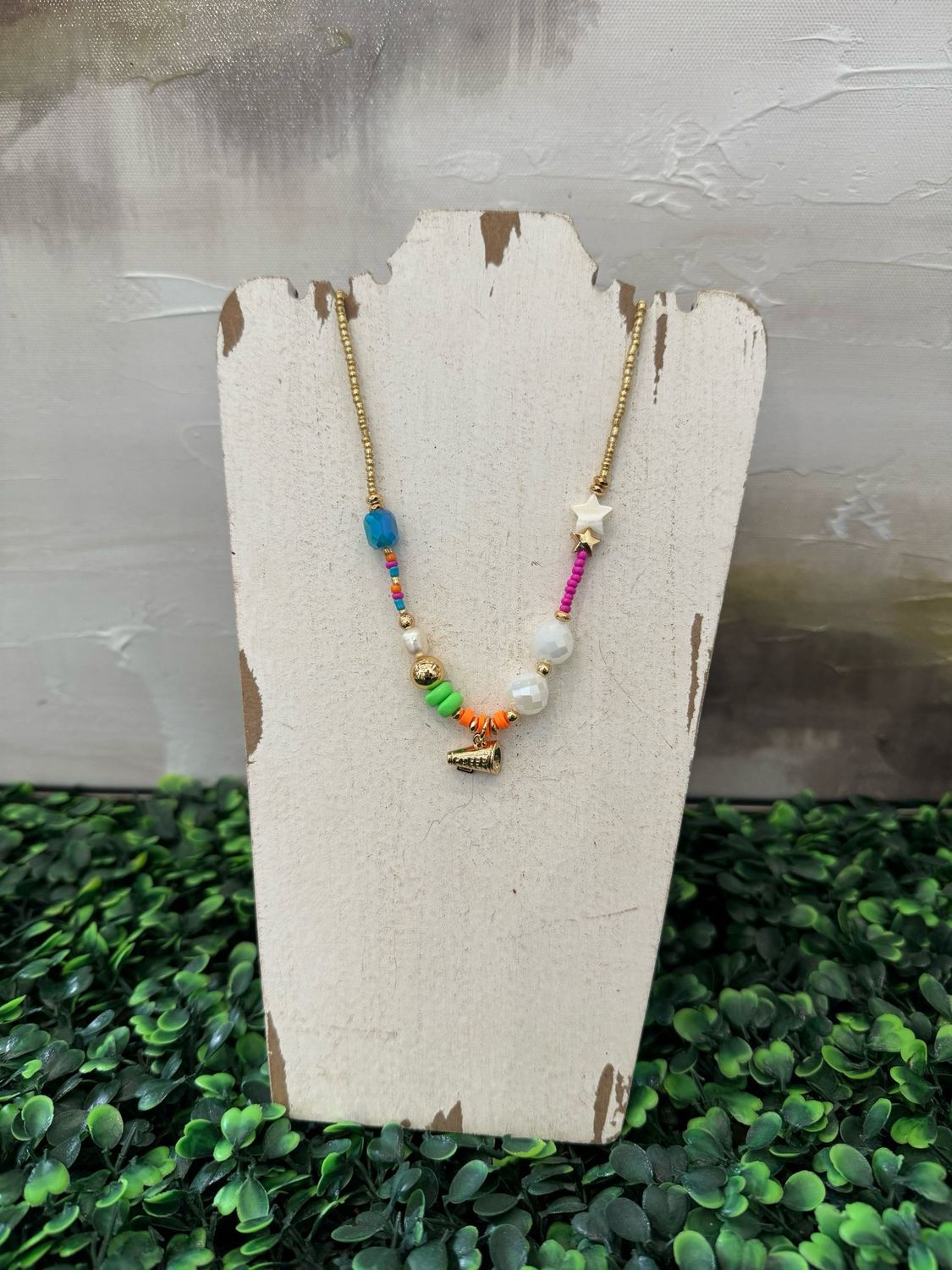Kids Gold Seed Bead/Multi Beads/Cheer Megaphone Necklace