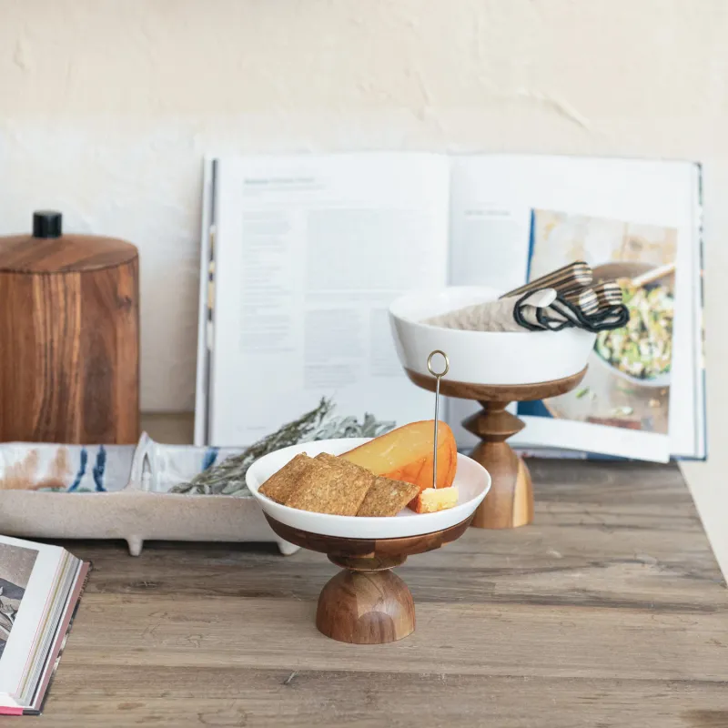 AH3565 Stoneware Serving Dishes w Acacia Wood-Large