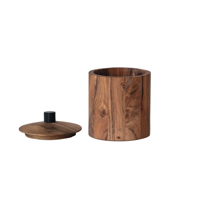 AH3469 5&quot; Acacia Wood Canister w Black Handle &amp; Rim