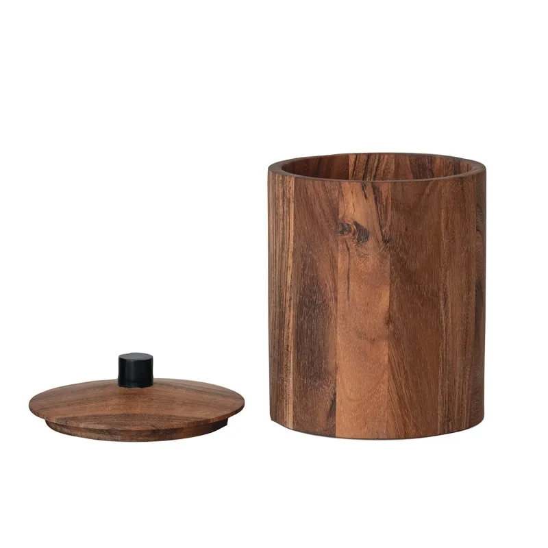AH3468 6&quot; Acacia Wood Canister w Black Handle &amp; Rim