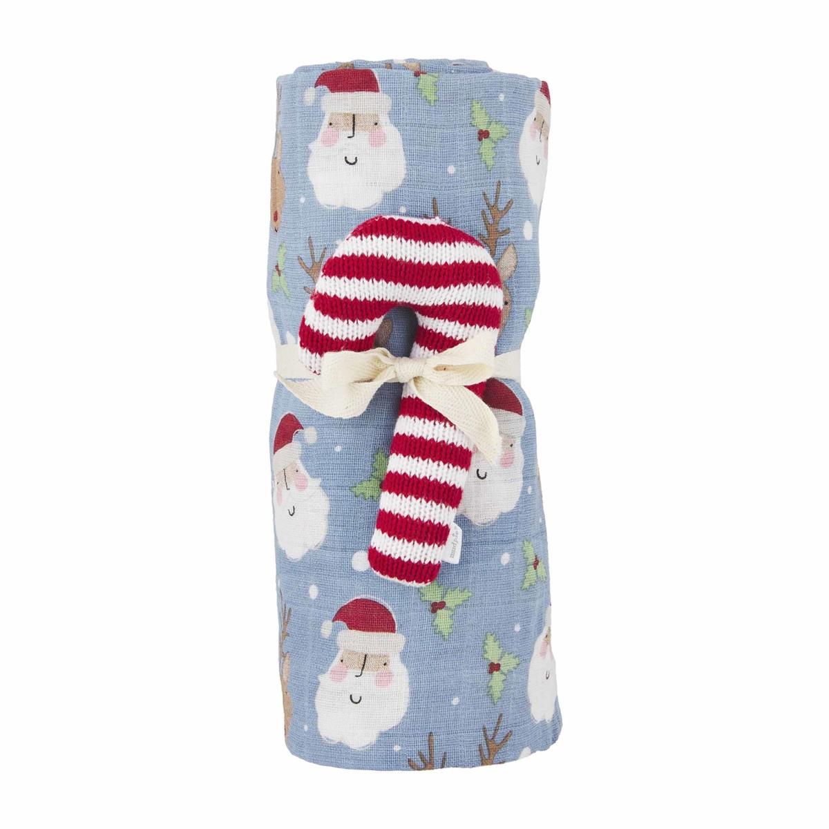 Candy Cane Blue Swaddle/Rattle set