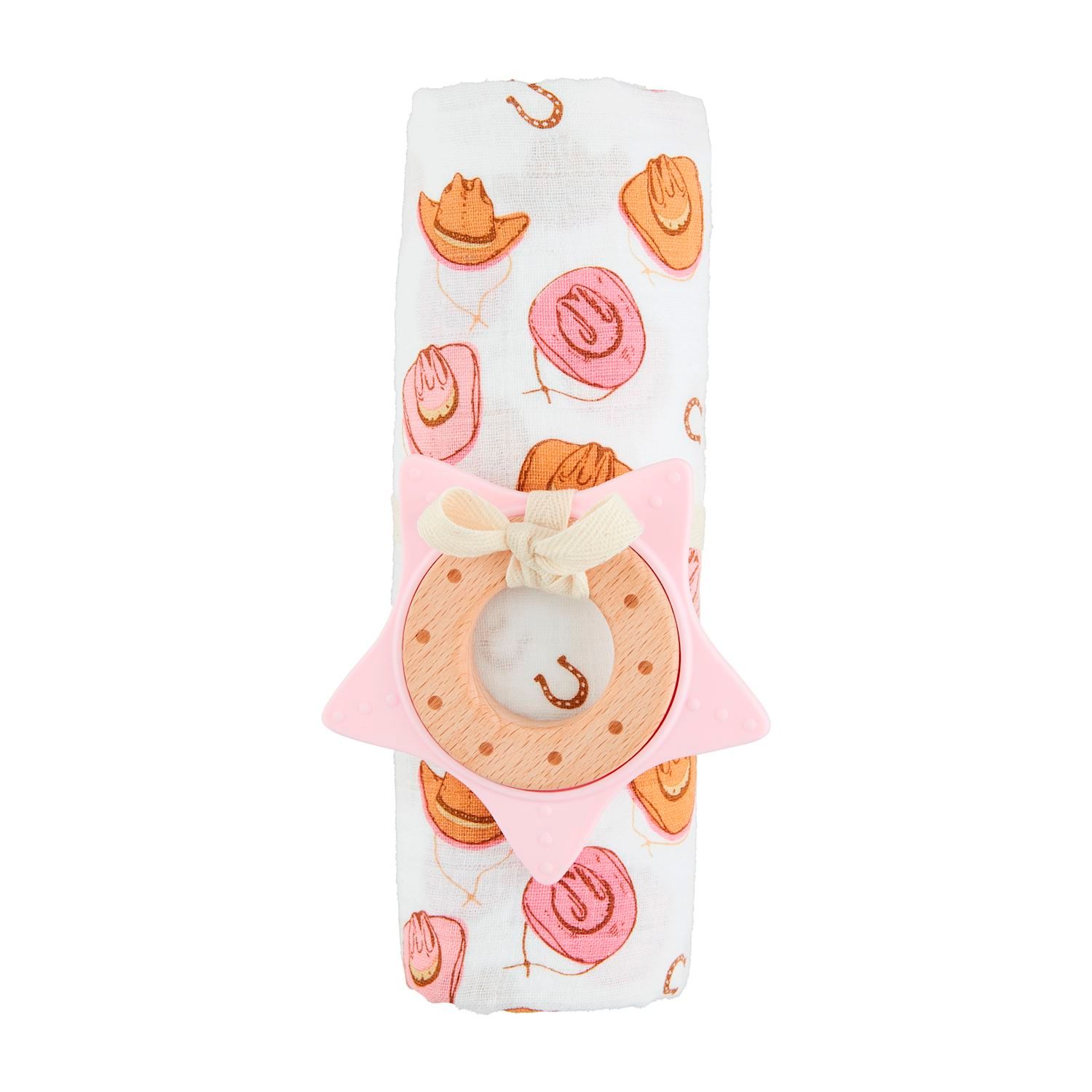 Pink Western Muslin Swaddle/Rattle Set