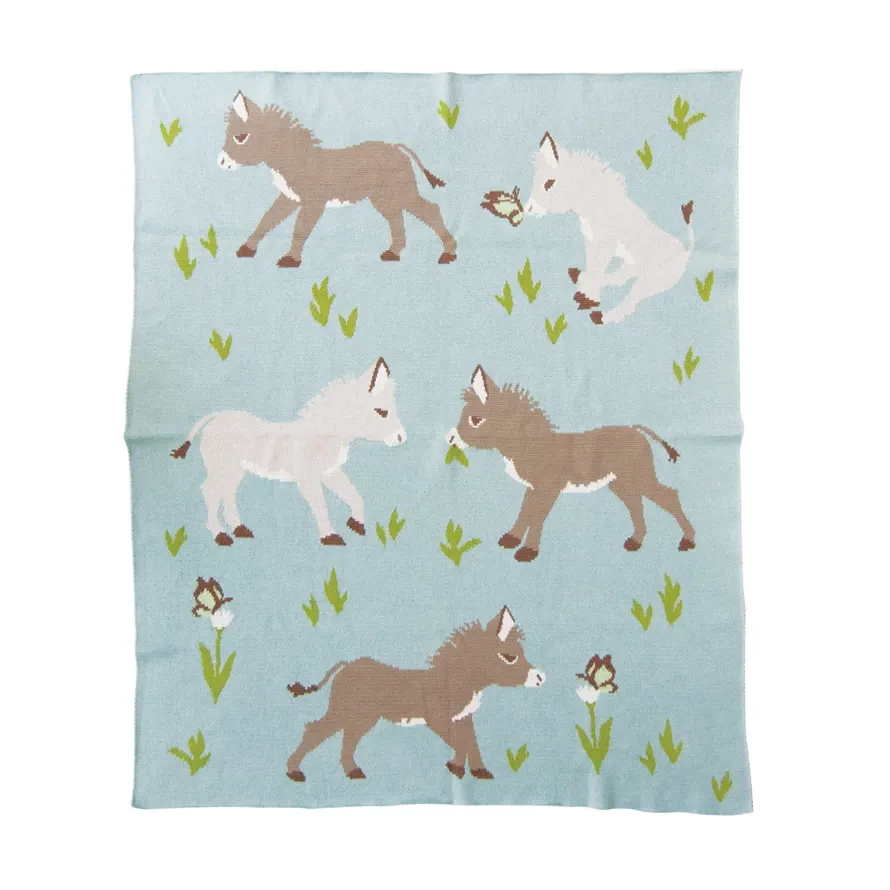 Cotton Knit Baby Blanket with Donkeys