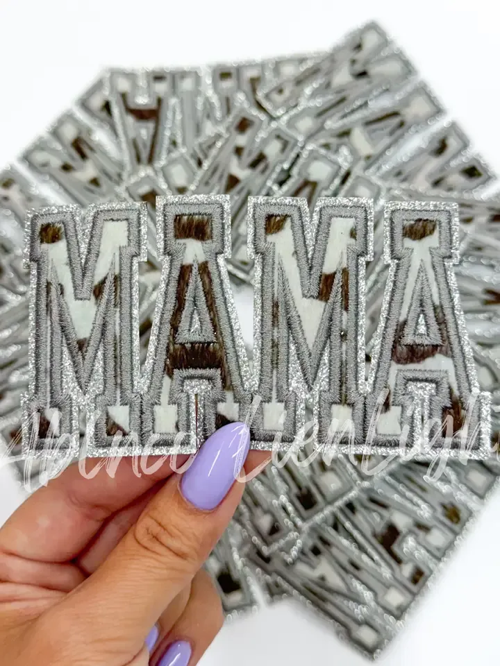Mama White Cow Print Glitter Patch