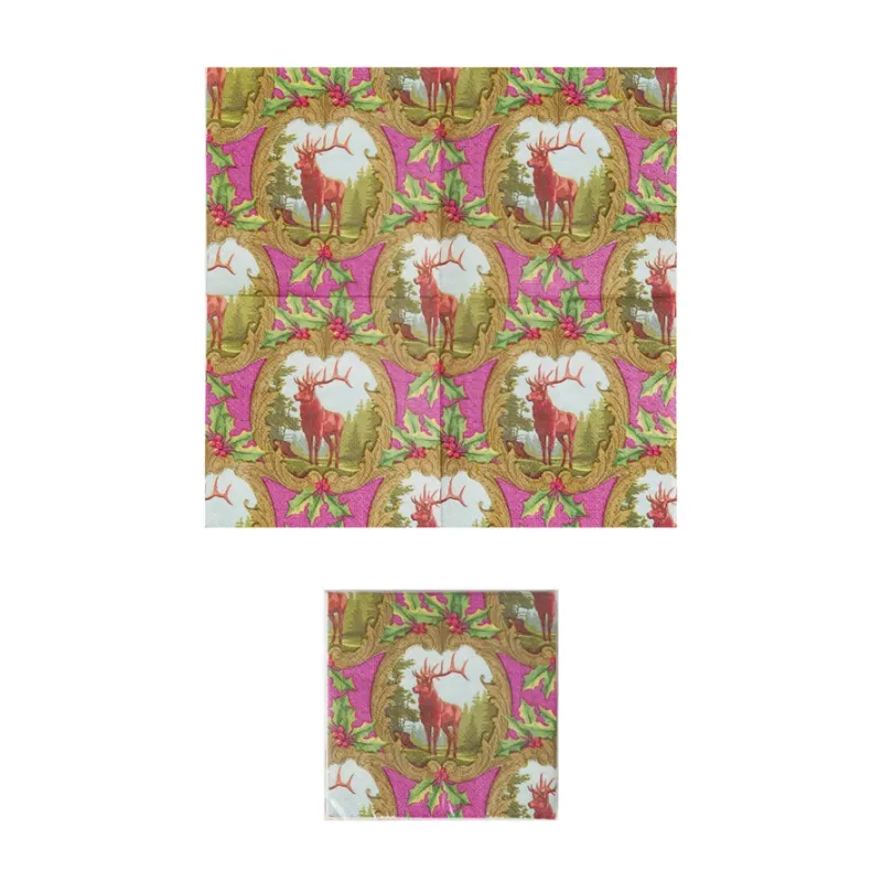 XS5867-Paper Cocktail Napkins-Deer &amp; Holly