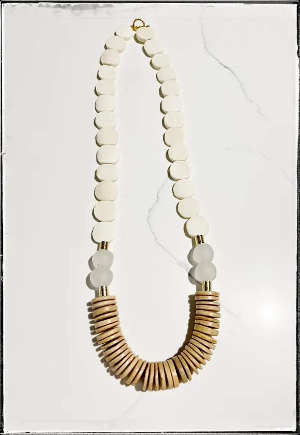 White African Bone Flat Bead Long Necklace