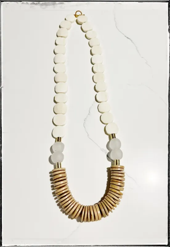 White African Bone Flat Bead Long Necklace