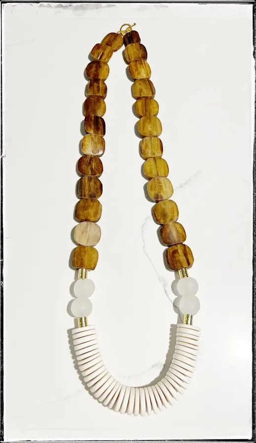 Tan Brown Bone Flat Bead Long Necklace