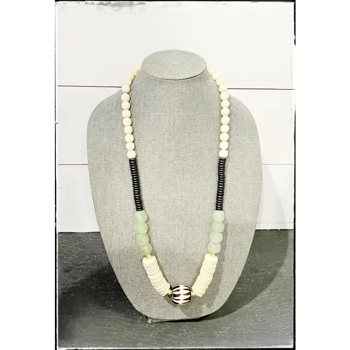 Coconut Wood Bead &amp; Chevron Glass Bead Necklace