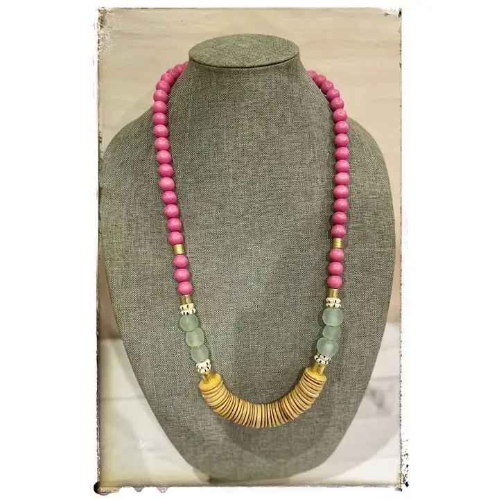 Tan Coconut &amp; Recycled Glass Bead Long Boho Necklace