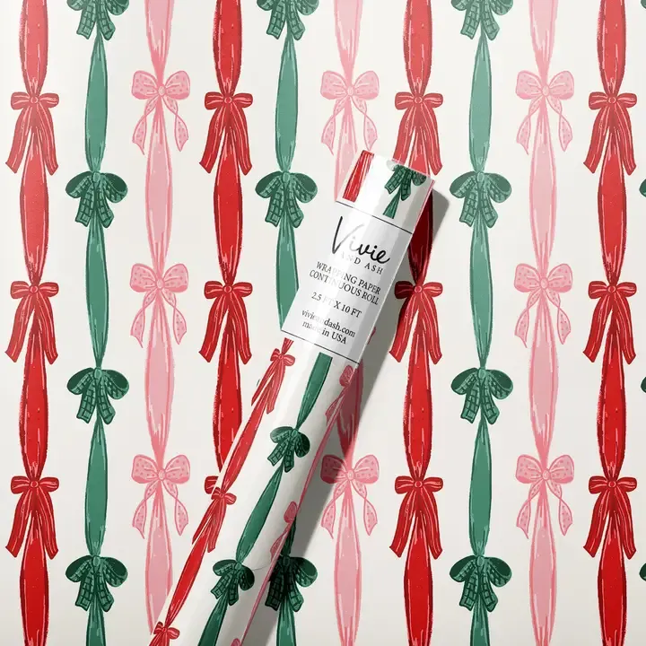 Red &amp; Green Christmas Stripe Bows Wrapping Paper